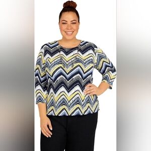 Alfred Dunner Top Women Shirt 3/4 Sleeves Size XL Blue Yellow Color Stretch
